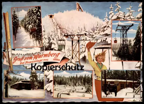 ÄLTERE POSTKARTE GRUSS VOM WURMBERG BEI BRAUNLAGE BERGSTATION SEILBAHN TALSTATION WINTER Schnee Ansichtskarte postcard