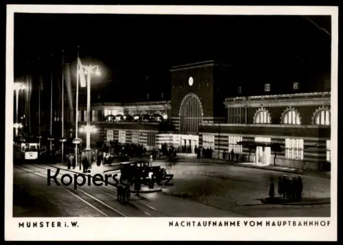ALTE POSTKARTE MÜNSTER BAHNHOF BEI NACHT NACHTAUFNAHME HAUPTBAHNHOF station at night gare nuit old car cars Taxi cab cpa
