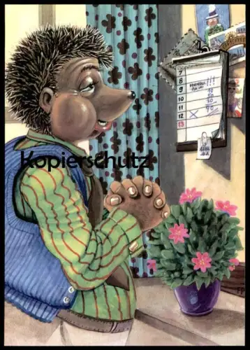 ÄLTERE POSTKARTE MECKI BETEND VOR KALENDER IGEL DDR PLANET VERLAG praying hedgehog Ansichtskarte postcard