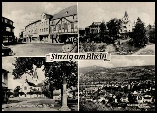 ÄLTERE POSTKARTE SINZIG AM RHEIN MARKT ZEHNTHOF MIT ST. PETER-PFARRKIRCHE ANNO 1225-1235 VW KÄFER VOLKSWAGEN AK cpa
