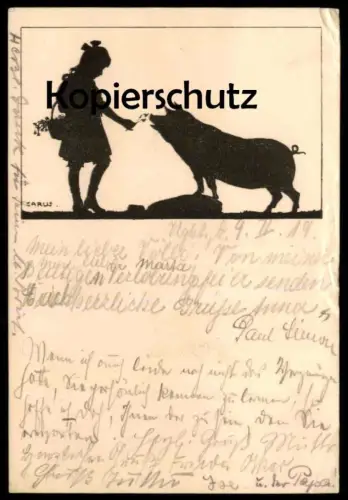ALTE POSTKARTE MÄDCHEN FRAU FÜTTERT SCHWEIN MIT BLUMEN CARUS pig maitre cochon Ansichtskarte postcard cpa