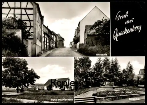 ÄLTERE POSTKARTE GRUSS AUS QUECKENBERG ORTSPARTIE EHRENMAL PARTIE MIT PFARRHAUS RHEINBACH Ansichtskarte AK postcard cpa