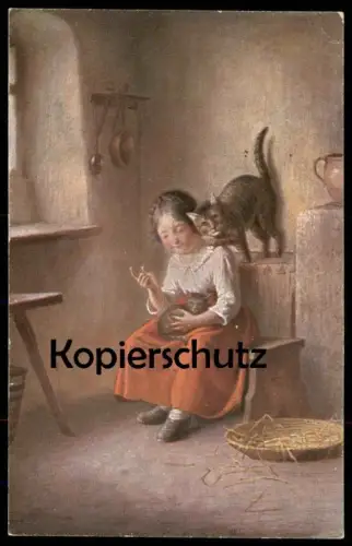 ALTE POSTKARTE MÄDCHEN FRAU MIT KATZE & KATZENKIND Kind child enfant Katzen cat chat cats Ansichtskarte cpa postcard