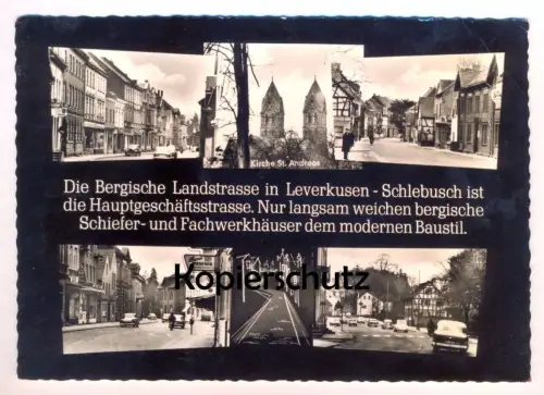 ÄLTERE POSTKARTE LEVERKUSEN-SCHLEBUSCH DIE BERGISCHE LANDSTRASSE FACHWERKHÄUSER WEICHEN MODERNEM BAUSTIL BP SCHILD AK