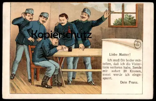 ALTE POSTKARTE LIEBE MUTTER VISIERLINIE VERLOREN 20 KRONEN HUMOR STUBE REKRUTEN SOLDATEN Ansichtskarte cpa AK postcard