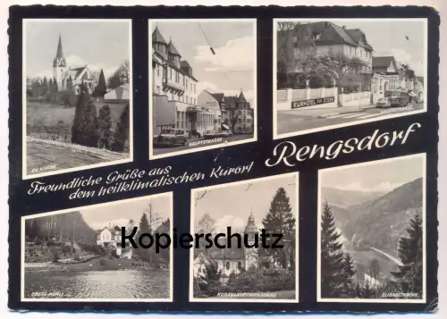 ÄLTERE POSTKARTE FREUNDLICHE GRÜSSE AUS RENGSDORF HAUPTSTRASSE OBERE MÜHLE EVANGELISCHE KIRCHE ELISABETHHÖHE AK cpa