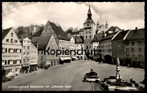 ALTE POSTKARTE LANDSBERG LECH HAUPTPLATZ MIT SCHÖNEM TURM AUTOS AUTO TEMPO RAPID HERZOG STÜBERL RADIO Ansichtskarte