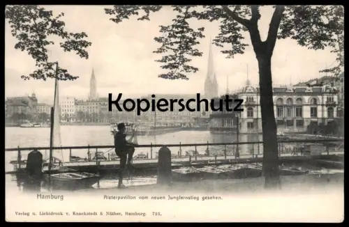 ALTE POSTKARTE HAMBURG ALSTERPAVILLON VOM NEUEN JUNGFERNSTIEG MODELLBOOT JUNGE SEGELSCHIFF MODELL Ansichtskarte postcard