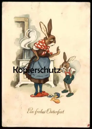 ALTE POSTKARTE EIN FROHES OSTERFEST HASEN VERMENSCHLICHT KÜCHE KOCHEN KAPUTTES EI Hase rabbit bunny easter cpa postcard