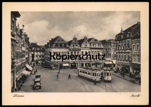 ALTE POSTKARTE DÜREN 1200 JAHRE 1948 MARKT STRASSENBAHN GESCHÄFT MÖBELHAUS FLAGGE BEI DRUCK GESCHWÄRZT Ansichtskarte