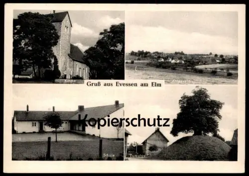 ALTE POSTKARTE GRUSS AUS EVESSEN AM ELM TUMULUS SCHULE KIRCHE ORTSANSICHT LANDKREIS WOLFENBÜTTEL E. WOHLERS RUF DETTUM
