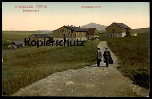 ALTE POSTKARTE RIESENGEBIRGE WIESENBAUDE MIT BLICK AUF SCHNEEKOPPE WANDERER Schlesien Ansichtskarte AK cpa postcard