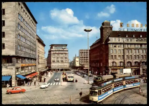 ÄLTERE POSTKARTE ESSEN KETTWIGER TOR STRASSENBAHN BUS OMNIBUS REKLAME MIELE PEEK & CLOPPENBURG Tram tramway VW postcard