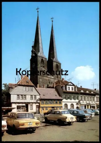 ÄLTERE POSTKARTE QUEDLINBURG IM HARZ BLICK VOM MATHILDENBRUNNEN ZUR NIKOLAIKIRCHE SKODA WARTBURG TRABANT Ansichtskarte
