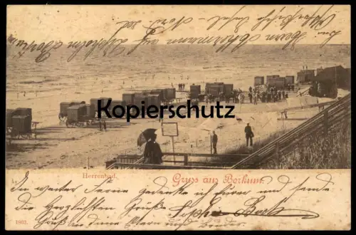 ALTE POSTKARTE GRUSS AUS BORKUM HERRENBAD 1901 BAD STRAND SCHILD SCHIRM BADESTRAND plage beach Ansichtskarte postcard