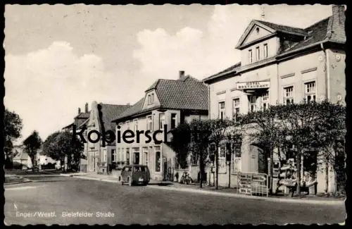 ÄLTERE POSTKARTE ENGER WESTFALEN BIELEFELDER STRASSE HOTEL RESTAURANT STRASSENSCHILD BIELEFELD Ansichtskarte AK postcard