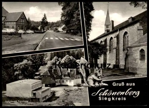 ÄLTERE POSTKARTE GRUSS AUS SCHÖNENBERG SIEGKREIS RUPPICHTEROTH SCHULE MIT TURNHALLE KIRCHE ORTSPARTIE VW KÄFER squirrel