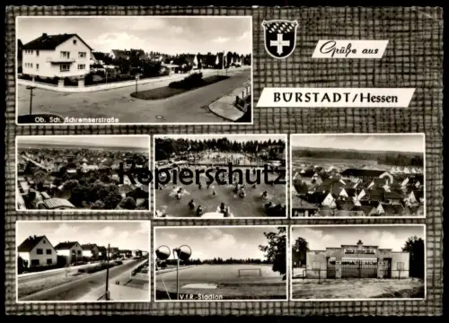 ÄLTERE POSTKARTE GRÜSSE AUS BÜRSTADT VFR STADION OBERSCHULTHEISS-SCHREMSER-STRASSE FREIBAD Ansichtskarte AK postcard cpa