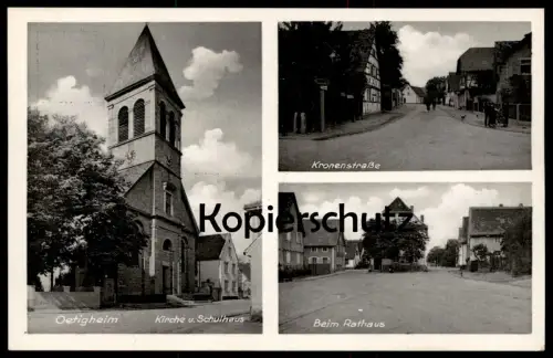 ALTE POSTKARTE OETIGHEIM KIRCHE UND SCHULHAUS KRONENSTRASSE BEIM RATHAUS LANDKREIS RASTATT Ansichtskarte AK postcard cpa