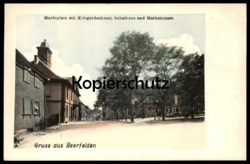 ALTE POSTKARTE GRUSS AUS BEERFELDEN MARKTPLATZ MIT KRIEGERDENKMAL SCHULHAUS UND MARKTSTRASSE Ansichtskarte cpa postcard