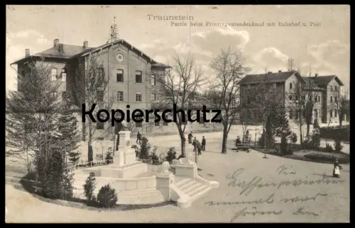 ALTE POSTKARTE TRAUNSTEIN PARTIE BEIM PRIINZREGENTENDENKMAL MIT BAHNHOF UND POST station gare Ansichtskarte cpa postcard