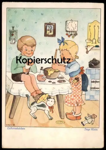 ALTE POSTKARTE KINDER BACKEN KUCHEN LECKERMÄULCHEN KATZE PUPPE SIGN. INGE KLEIN chat cat enfants children postcard cpa