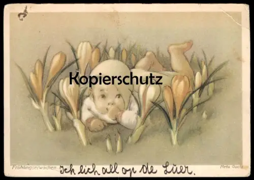 ALTE POSTKARTE PHANTASIE FRÜHLINGSERWACHEN BABY KIND KROKUS KROKUSSE FRÜHLING META GOETZ crocus AK cpa postcard