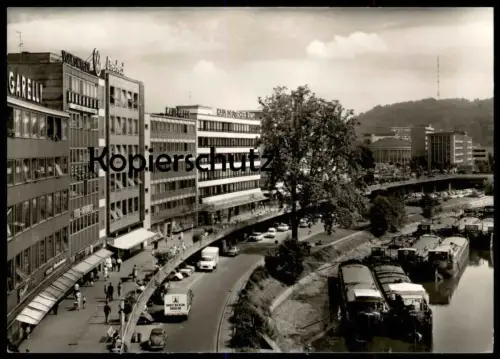 ÄLTERE POSTKARTE SAARBRÜCKEN BERLINER PROMENADE FRACHTSCHIFF LKW REKLAME BECKER BIER VW KARLSBERG AK cpa postcard