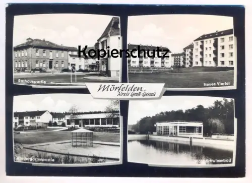 ÄLTERE POSTKARTE MÖRFELDEN RATHAUSPARTIE NEUES VIERTEL KINDERGARTENPARTIE SCHWIMMBAD MÖRFELDEN-WALLDORF Ansichtskarte