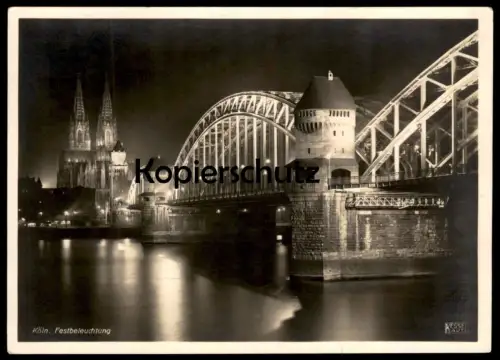 ALTE POSTKARTE KÖLN RHEIN KÖLNER DOM HOHENZOLLERNBRÜCKE FESTBELEUCHTUNG FELDPOST 1941 STEMPEL LUFTGAUPOSTAMT MÜNSTER AK