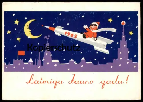 ÄLTERE POSTKARTE LAIMIGU JAUNO GADU 1962 LATVIA LETTLAND NEUJAHR SANDMANN RAKETE ROCKET MOND STERN MOON postcard cpa AK