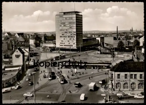 ÄLTERE POSTKARTE NÜRNBERG PLÄRRER MIT HOCHHAUS AUTO LKW STRASSENBAHN VERKEHR AUTOMAT CAFÉ REISEBÜRO STEMPEL EULE owl