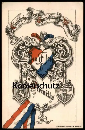 ALTE POSTKARTE WARENDORF GYMNASIUM EINJÄHRIGE IN FIRMITAS 1928 Schule Studentica Studentika Couleurkarte school postcard