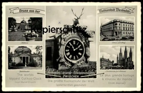 ÄLTERE POSTKARTE WIESBADENS NEUESTE SEHENSWÜRDIGKEIT GRÖSSTE KUCKUCKSUHR GRUSS AUS WIESBADEN cuckoo clock cpa postcard