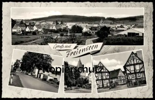 ÄLTERE POSTKARTE GRUSS AUS FREIENSEEN LAUBACH STEMPEL GRÜNBERG Fachwerkhaus Panorama Ansichtskarte AK postcard cpa