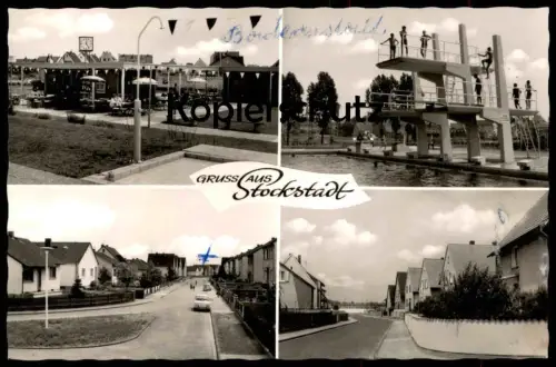 ÄLTERE POSTKARTE GRUSS AUS STOCKSTADT SCHWIMMBAD BAD STRASSE UHL SCHIRM REKLAME SÜDMILCH Ansichtskarte AK cpa postcard