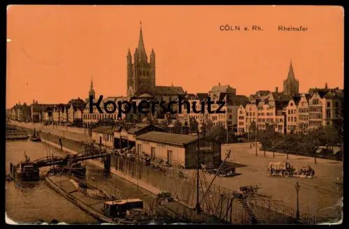 ALTE POSTKARTE CÖLN AM RHEIN RHEINUFER SCHIFF ORANGE-TON ORANGEFARBEN Köln Ansichtskarte AK cpa postcard