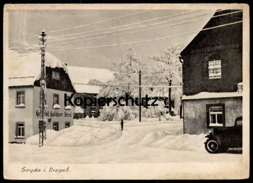 ALTE POSTKARTE SAYDA IM ERZGEBIRGE GASTHOF GOLDNER STERN WINTER AUTO SCHNEE SACHSEN Ansichtskarte AK postcard cpa