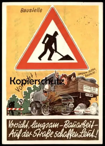 ALTE POSTKARTE BAUSTELLE VORSICHT LANGSAM GUSTAV LKW MOTORRAD BAUARBEIT AUF DER STRASSE SCHAFFEN LEUT STEMPEL SUDERBURG