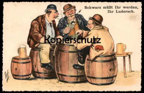 ALTE POSTKARTE SKAT SCHWARZ MÜSST IHR WERDEN IHR LUDERSCH WILLI SCHEUERMANN SKATSPIEL Karten Bier AK cpa postcard