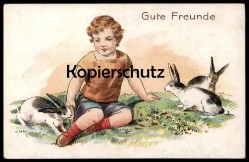 ALTE POSTKARTE GUTE FREUNDE JUNGE KIND HASE KANINCHEN Hasen rabbit rabbits lapins enfant child boy AK cpa postcard