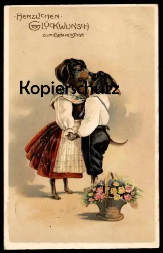 ALTE PRÄGE POSTKARTE DACKEL VERMENSCHLICHT HERZLICHEN GLÜCKWUNSCH ZUM GEBURTSTAG Kuss Hund Dachshund Teckel dog chien AK