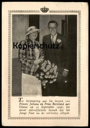 ALTE KARTE PRINSES JULIANA EN PRINS BERNHARD 10. SEPTEMBER 1936 HERINNERING HET EERSTE NIET-OFFICIEELE BEZOEK Nederland