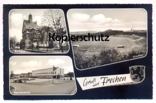 ÄLTERE POSTKARTE GRUSS AUS FRECHEN STADION BERUFSSCHULE RATHAUS soccer stadium stade Ansichtskarte AK cpa postcard