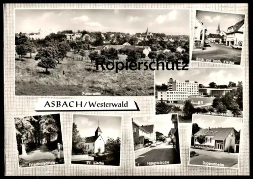 ÄLTERE POSTKARTE ASBACH WESTERWALD PANORAMA BLICK ZUR KATH. KIRCHE VW WERKSTATT VOLKSWAGEN SHELL Kreis Neuwied postcard