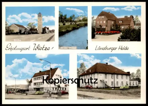 ÄLTERE POSTKARTE WIETZE LÜNEBURGER HEIDE KIRCHE RATHAUS ESSO TANKSTELLE CDU PLAKAT EHRENMAL VW KÄFER Ansichtskarte AK