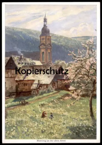ÄLTERE POSTKARTE SPRINGIERSBACH MAIENTAG AN DER ALTEN ABTEI VERSTECKT IN EINEM SEITENTALE ZWISCHEN MOSEL & EIFEL BENGEL