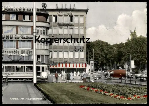 ALTE POSTKARTE KREFELD AM HAUPTBAHNHOF STRASSENBAHN REKLAME FOTO SCHAMBACH & POTTKÄMPER UHU NUDIA RHENANIA PILSENER AK