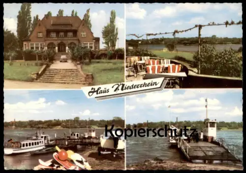 ÄLTERE POSTKARTE LANGST AM RHEIN RESTAURANT CAFÉ HAUS NIEDERRHEIN MEERBUSCH GEGENÜBER KAISERSWERTH Fähre ferry VW Käfer