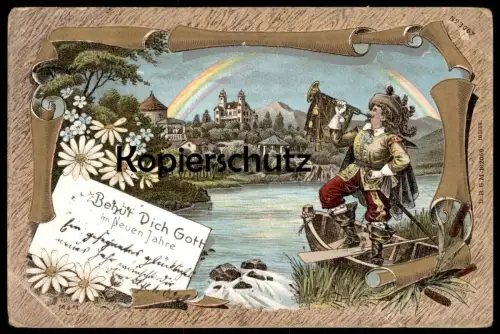 ALTE POSTKARTE BEHÜT DICH GOTT TROMPETER SÄCKINGEN NEUJAHR STEMPEL FREI AVERS KÖNIGLICH PREUSSISCHE ORTSSCHULINSPEKTION